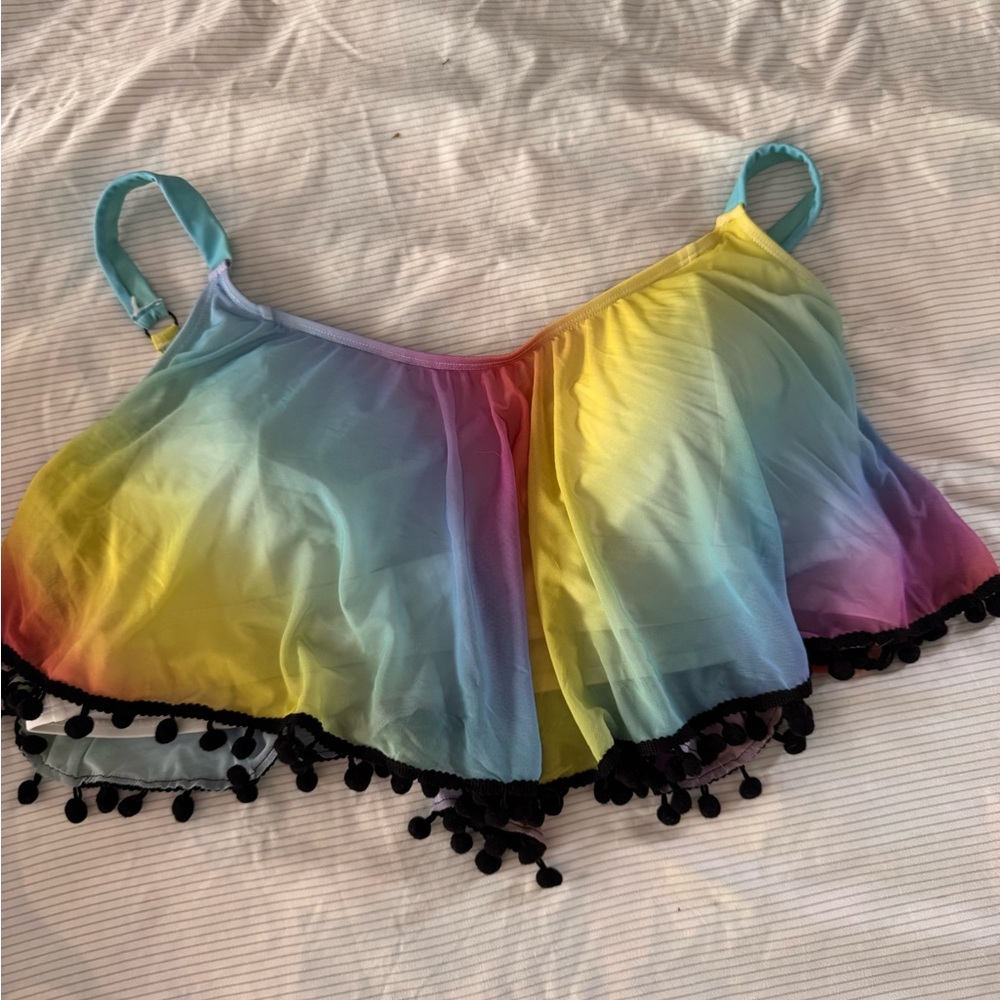 Rainbow Ombre Swim Top with Black Pom-Poms
